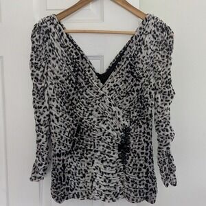 Tadashi Shoji Black & White Animal Print Blouse Women's M Ruched Embellished